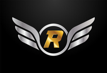 English alphabet R with wings logo design. Car and automotive vector logo concept