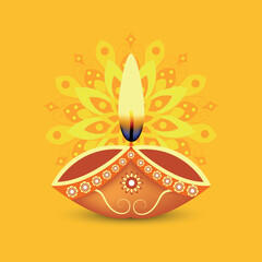 Happy Diwali Diya oil lamp on Rangoli background