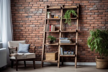 Fototapeta na wymiar rustic ladder bookshelf against a brick wall