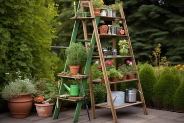 Fototapeta na wymiar outdoor ladder bookshelf with gardening books and tools