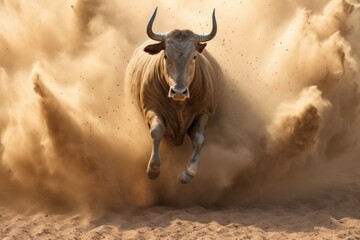 bull kicking up dust in action-packed moment