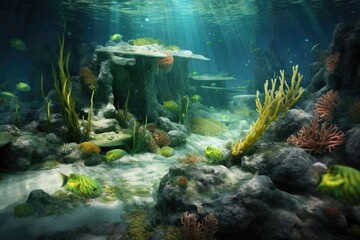 ocean floor scene with sea cucumber feeding on algae