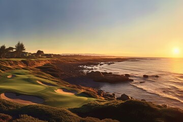 Fototapeta premium panoramic view of a coastal golf course at golden hour