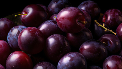 Freshly Washed Purple Plums with Water Droplets,plums on the table,plums on the market