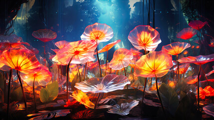 Float amidst the sprawling canopy of neon glass leaves - obrazy, fototapety, plakaty