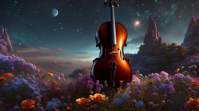 Chello violin hybrid and flowers against the evening sky at sunset
