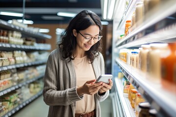 A young woman is shopping at a grocery store. A middle aged Asian woman with a smart phone checks the list of necessary products in a grocery or supermarket with a sale and discounts on branded