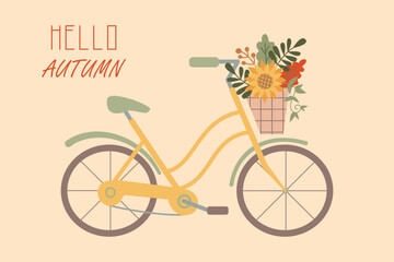 Cute greeting card Hello autumn. Beautiful retro bike with basket of autumn leaves and sunflower flower. Vintage postcard, poster. Autumn nature journey concept. Romance. Vector illustration