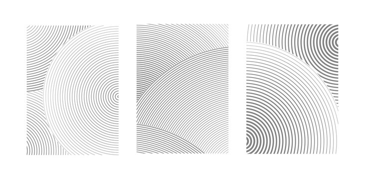 Set of abstract prints for interior decoration. Vector minimalist illustration. Radial geometric patterns. Abstract backgrounds with circular shapes