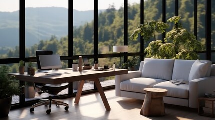 Home office desk with desktop computer in bright living room, Stylish interior design decor of a modern work space in cozy room for working from home or freelance career.