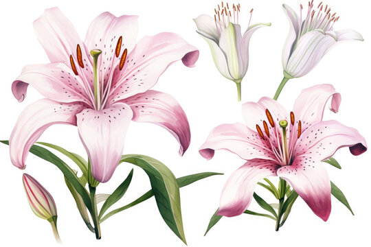 Watercolor image of a set of lily flowers on a white background