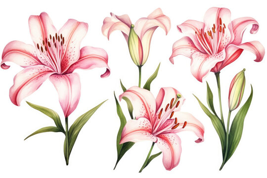 Watercolor image of a set of lily flowers on a white background