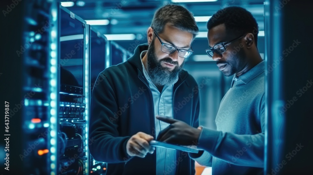 Aufkleber it technician works on laptop computer and black male engineer colleague in data center while workin