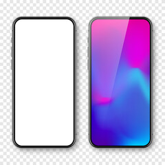 Smartphone with blank touch screen and abstract colorful background, wallpaper. Frameless mobile phone in front view. High quality detailed device mockup. Vector illustration