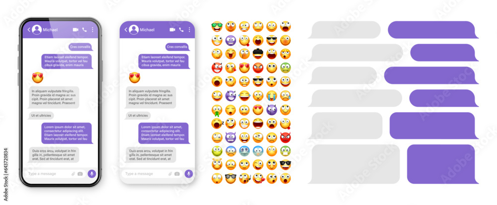 Fototapete smartphone messaging app, user interface design with emoji. sms text frame. chat screen with violet 