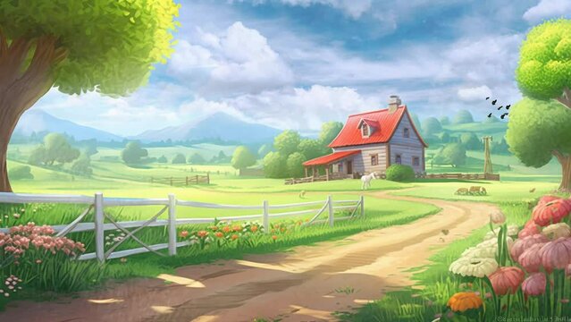landscape with vineyard and mountains. anime or cartoon style. seamless looping time-lapse virtual video animation background.