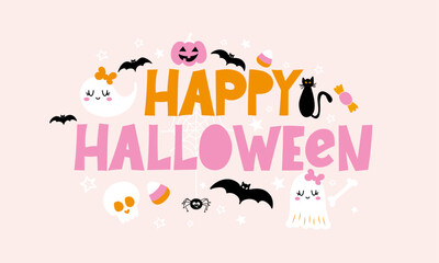 Happy Halloween - Halloween quote on light pink background with colorful letters. Good for t-shirt, mug, scrap booking, gift, printing press. Holiday quotes. 