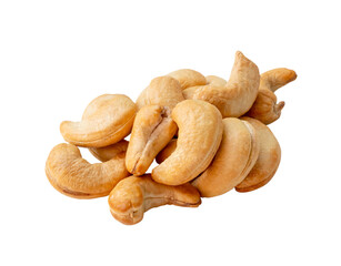 Top view of roasted brown cashew nuts in stack isolated on white background with clipping path in png file format