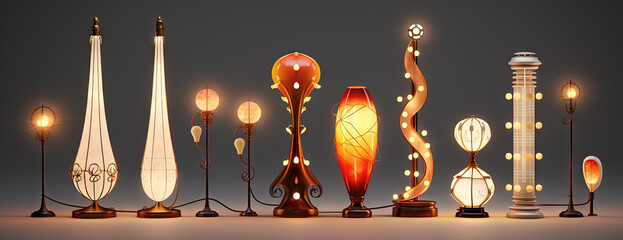 Christmas themed lamps and garlands with cozy holiday lights. Xmas ornament with shiny toys.