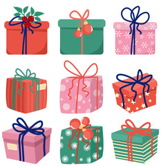vector set of different Christmas gift boxes. Green, red and pink with bows, Christmas balls.9 illustration in cartoon style, pattern gifts