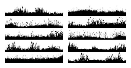 Meadow silhouettes with grass, plants on plain. Panoramic summer lawn landscape with herbs, various weeds. Herbal border, frame element. Black horizontal banners. Vector illustration © 32 pixels