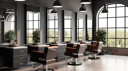 Modern barbershop with armchairs and table with mirrors.
