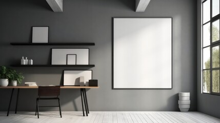 Business room interior with desk and laptop.