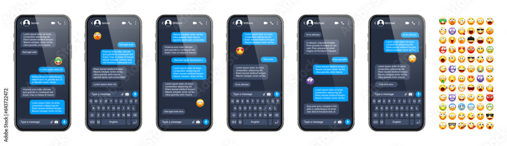 Poster smartphone messaging app, user interface with emoji. sms text frame. chat screen, blue message bubbl