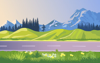 An illustration of an asphalt road in a picturesque area against the background of snowy mountains and alpine meadows. - obrazy, fototapety, plakaty