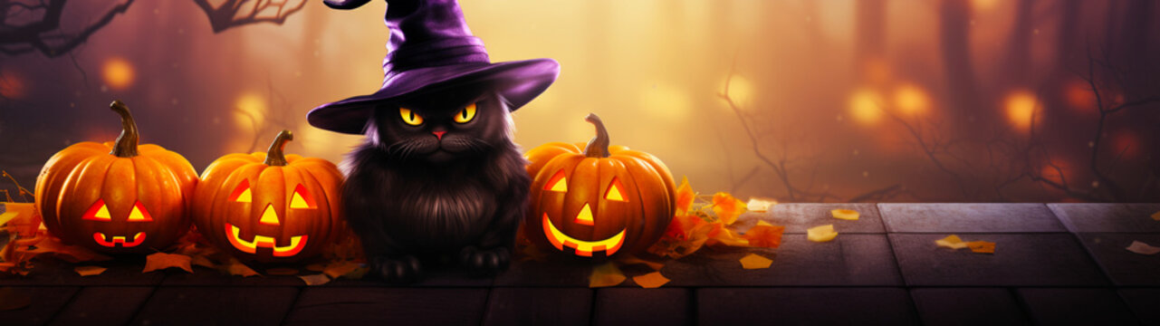 Festive banner with cute cat in witch hat on halloween background with orange pumpkins. Jack O Lantern. Postcard with copy space. Generative AI
