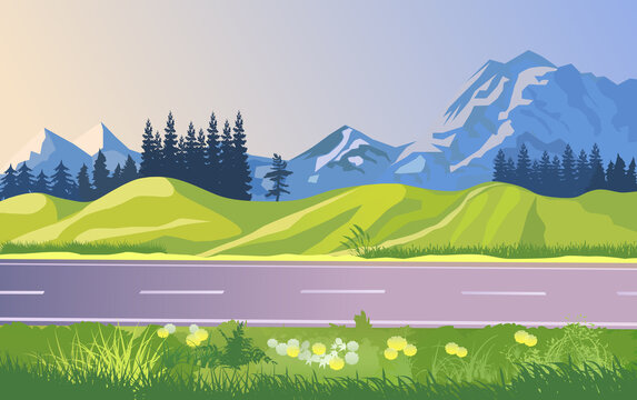 An illustration of an asphalt road in a picturesque area against the background of snowy mountains and alpine meadows.