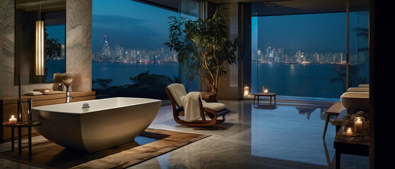 A luxury hotel bathroom with a modern interior design and a large bathtub at night. The rental has fantastic views of the New York skyline. A perfect relaxing bathing spot.  - obrazy, fototapety, plakaty