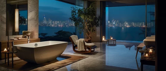 A luxury hotel bathroom with a modern interior design and a large bathtub at night. The rental has fantastic views of the New York skyline. A perfect relaxing bathing spot.  © jonathon