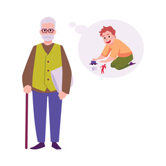Gray-haired old stylish man remembers being child flat style, vector illustration