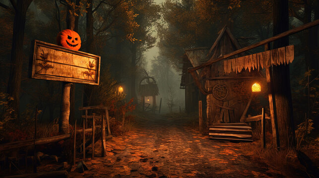 Signboard at the enty of dark fairytale village in Halloween style.