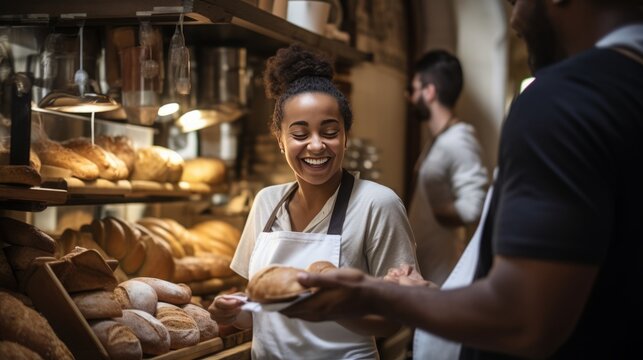 Candid shot of a smiling female african american baker, hands out bread, concept: Fun at work or Love for work