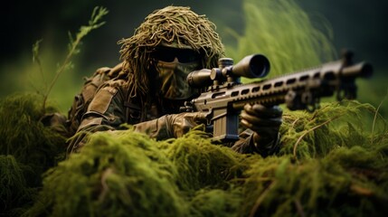 Image of sniper or soldier in full camouflage clothing, concept: Warlike conflicts in the world - obrazy, fototapety, plakaty