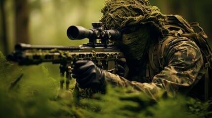 Image of sniper or soldier in full camouflage clothing, concept: Warlike conflicts in the world - obrazy, fototapety, plakaty