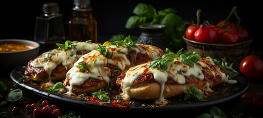 Chicken parmigiana with tomato sauce and melted cheese. Generative AI.