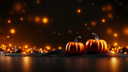 Festive banner with halloween decorations. Empty postcard with copy space. Black dark and orange shiny glitter with pumpkins. Border or frame design with gold bokeh. Generative AI