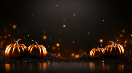 Festive banner with halloween decorations. Empty postcard with copy space. Black dark and orange shiny glitter with pumpkins. Border or frame design with gold bokeh. Generative AI