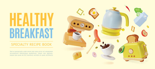 3d Healthy Breakfast Specialty Recipe Book Concept Placard Poster Banner Card Template Cartoon Style. Vector illustration