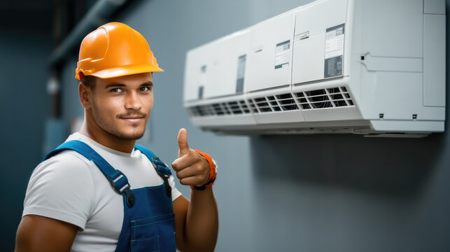 Male Electrician Gesturing Thumbs Up, Air conditioner repairmen work on home unit.