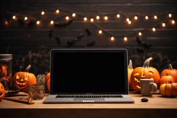 Laptop computer mock up white empty blank screen template Happy Halloween pumpkins decorations background, Thanksgiving digital online shopping website promo fall sale promotion offer ads, mockup.