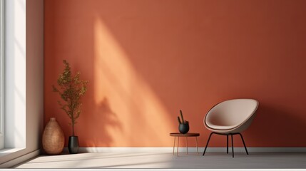 Chair in front of orange wall, Minimalist interior design.