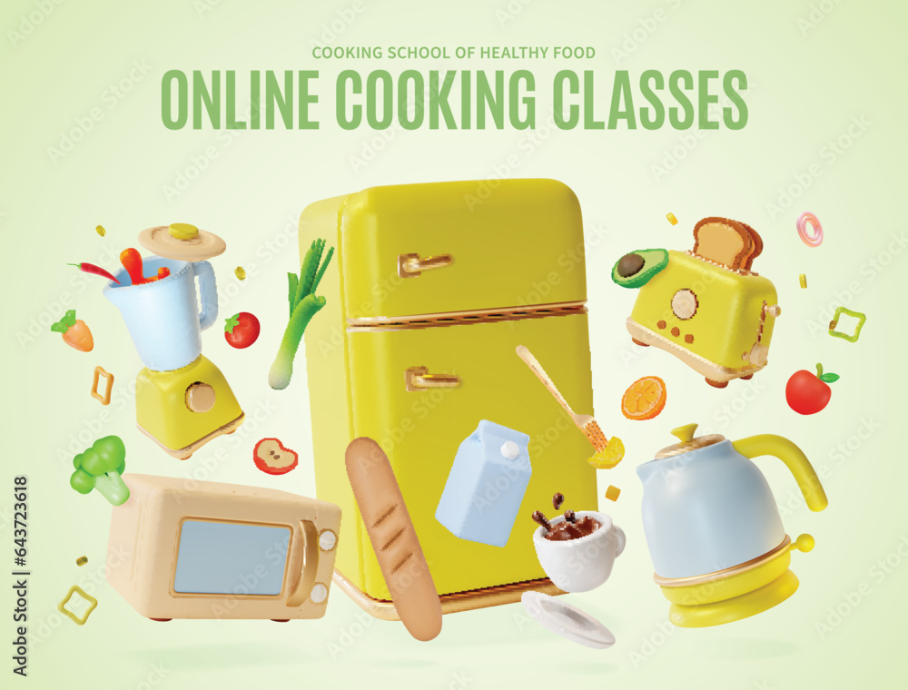 Sticker 3d Online Cooking Classes Placard Poster Banner Card Template Cartoon Style. Vector illustration of Cooking School of Healthy Food