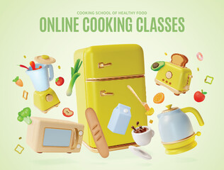3d Online Cooking Classes Placard Poster Banner Card Template Cartoon Style. Vector illustration of Cooking School of Healthy Food