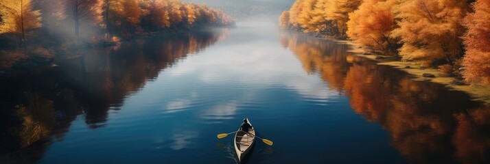 Aerial view person rowing on a calm lake in autumn with serene water around.