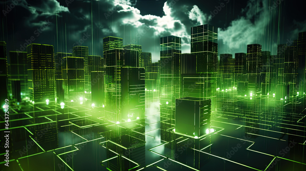 Poster concept of a digital city with cloud connections. futuristic network in the clouds.
