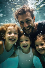 A family of four under water swimming, having fun together under beautiful weather.